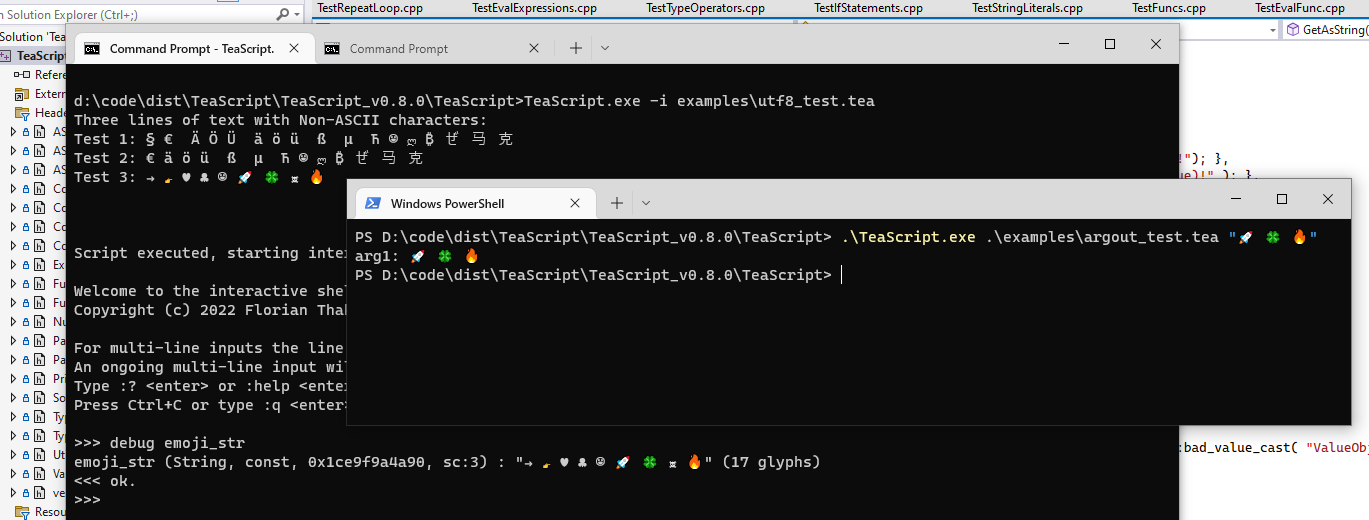 Unicode Support in TeaScript seen on Command Prompt and PowerShell inside Windows Terminal.